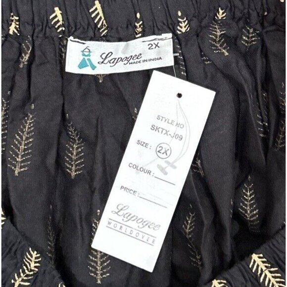 Lapogee Womens 2X Elastic Waist Long Maxi Skirt Black Gold Bohemian Rayon NEW - Picture 4 of 4